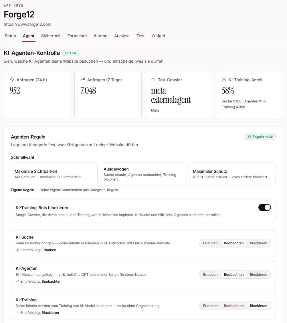 Dashboard med AI-agentmålinger og regler pr. kategori for AI-søgning, AI-agenter og AI-træning