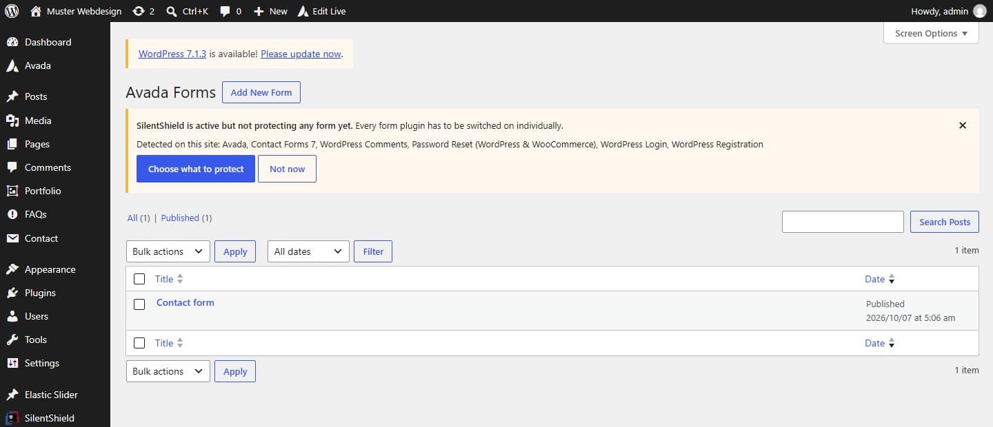 Seznam Avada Forms v administraci WordPressu s jedním formulářem nazvaným „Contact form“ a upozorněním od SilentShield: „SilentShield is active but not protecting any form yet“, které vypisuje Avada, Contact Forms 7, WordPress Comments a další nalezené formulářové pluginy, s tlačítky „Choose what to protect“ a „Not now“