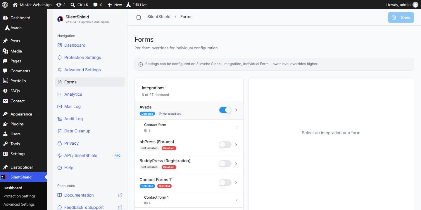 Stránka Forms v SilentShield: integrace Avada je zapnutá se štítky „Detected“ a „Not tested yet“ a pod ní je uveden formulář Avada „Contact form“ s ID 9