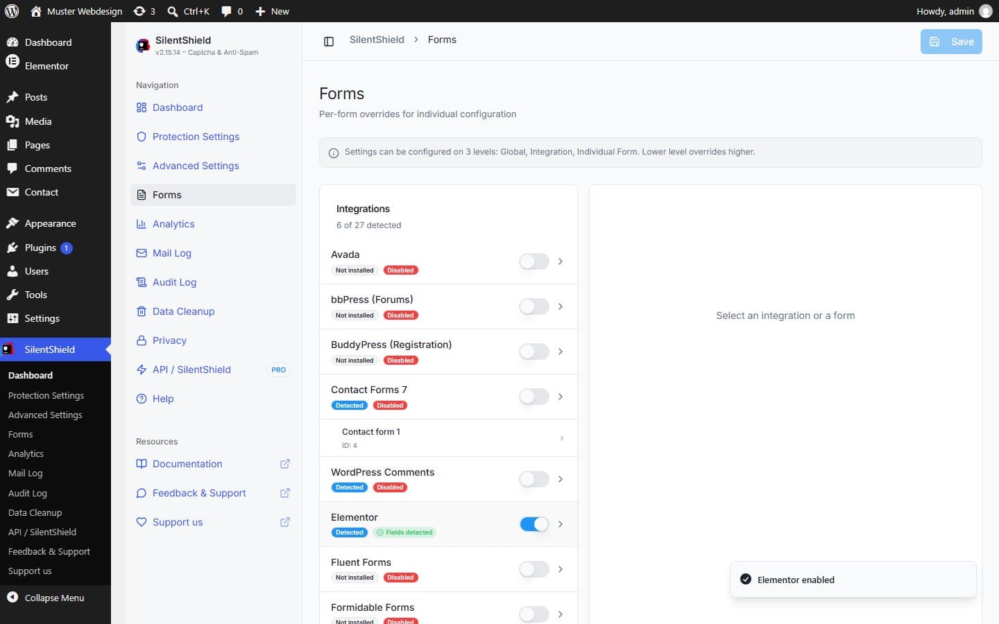 SilentShield-Seite Forms: Die Elementor-Integration ist eingeschaltet und trägt die Plaketten „Detected“ und „Fields detected“, unten rechts erscheint die Meldung „Elementor enabled“, die übrigen Integrationen sind aus