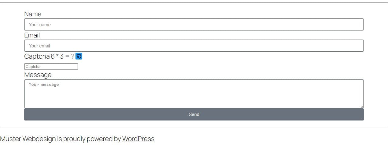 Elementor-Formular mit den Feldern Name und Email, der Mathe-Aufgabe „Captcha 6 * 3 = ?“ mit Neuladen-Knopf und Antwortfeld, danach einem Feld Message und einem grauen Senden-Knopf