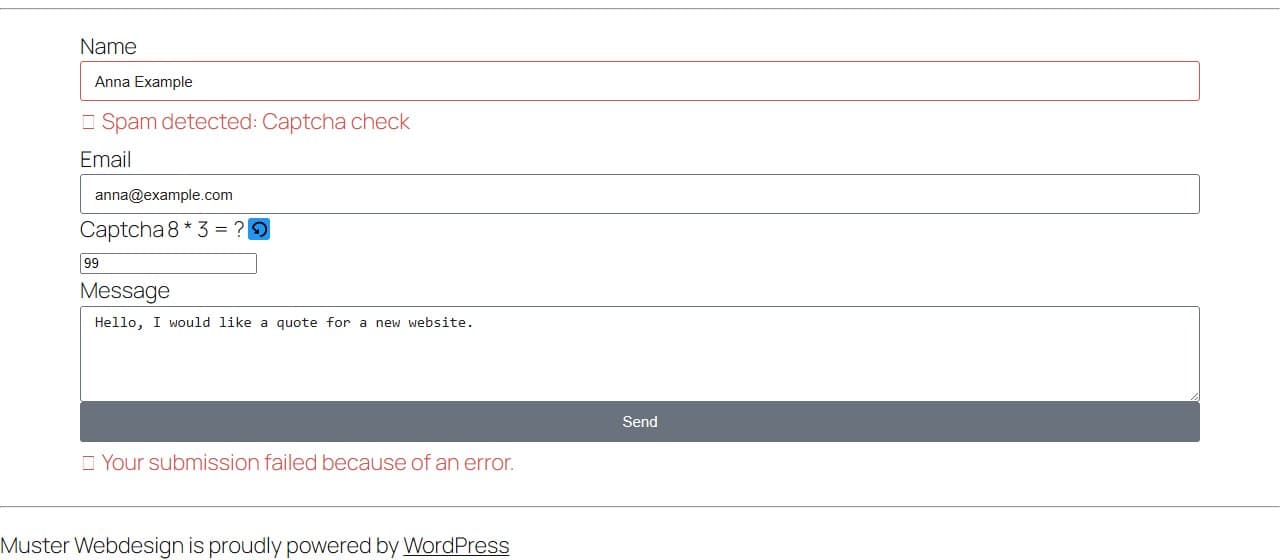 Elementor-Formular nach einer falschen Antwort: die rote Meldung „Spam detected: Captcha check“ unter dem Feld Name und „Your submission failed because of an error.“ unter dem Senden-Knopf
