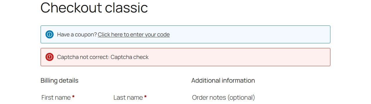 Siden i den klassiske checkout med en kuponmeddelelse og, under den, en rød fejlmeddelelse „Captcha not correct: Captcha check“ over faktureringsoplysningerne, hvis felter beholder de indtastede værdier