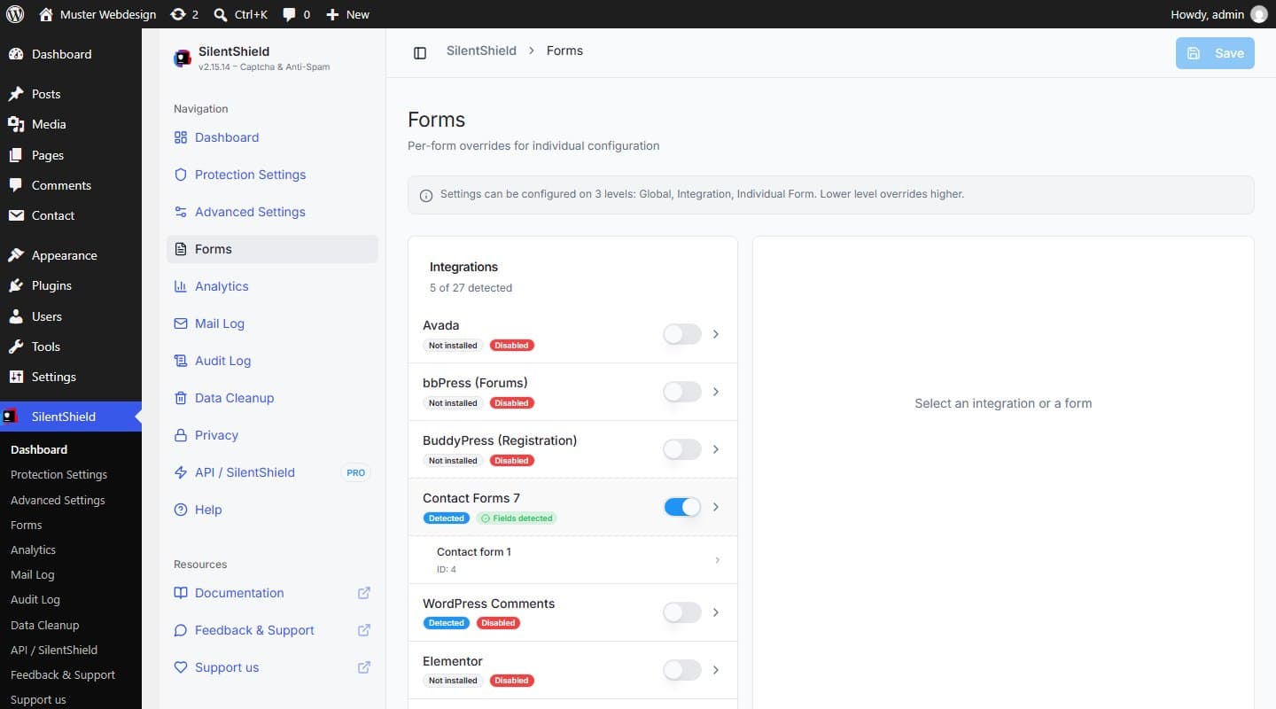 Forms 페이지: Contact Forms 7 연동이 켜져 있고 “Detected”와 “Fields detected” 배지가 표시됨. 그 아래에 양식 “Contact form 1”이 나열되어 있으며 다른 양식 플러그인은 설치되어 있지 않음