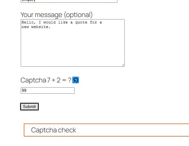 틀린 CAPTCHA 답을 입력한 뒤의 Contact Form 7: 양식에 입력한 값이 그대로 남아 있고, “Captcha check”라는 텍스트가 담긴 응답 상자가 강조 표시됨