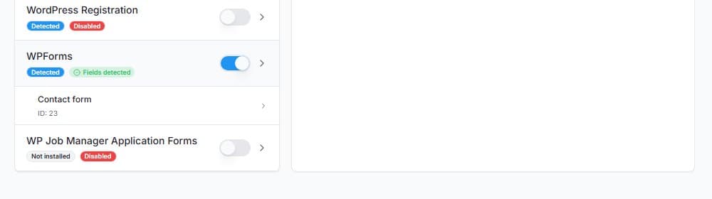 Stránka Forms v SilentShield: integrace WPForms je zapnutá se štítky „Detected“ a „Fields detected“, pod ní je uveden formulář „Contact form“ s ID 23 a pod ním WP Job Manager Application Forms, který není nainstalován