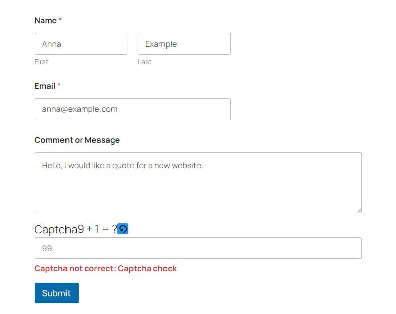 Formulář WPForms po špatné odpovědi: pole obsahují zadané hodnoty, otázka captchy je „9 + 1 = ?“ s odpovědí 99 a červená zpráva „Captcha not correct: Captcha check“ se objeví pod polem captchy, nad tlačítkem Submit